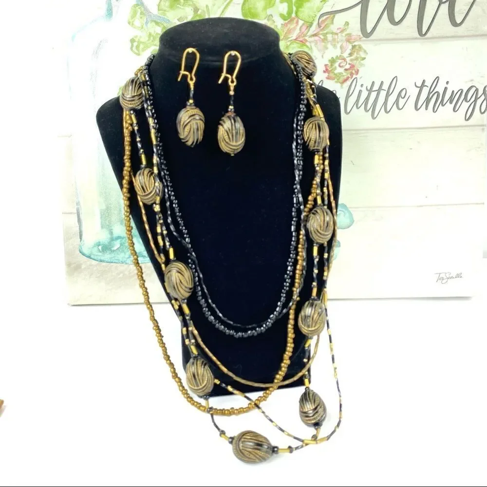 Boho Multi Strand Necklace & Earrings‎ Black Gold